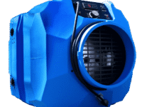 A blue fan is sitting on the ground