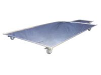 A blue mattress on wheels with a white frame.