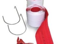 A pair of white hooks with red tape on them.