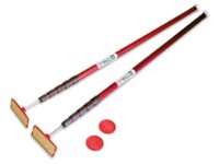 A pair of red poles with two red discs.