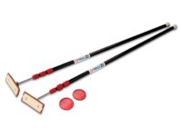 A pair of poles with two red handles and one black handle.