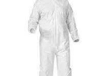 A man in white coverall standing up wearing a hood.