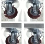 Four pictures of a red wheel on the side of a machine.