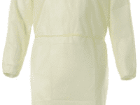 A white gown with long sleeves and a tie.