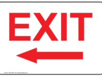 A red exit sign with an arrow pointing to the left.