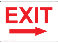 A red and white exit sign with an arrow pointing to the right.