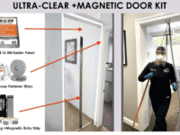 A woman holding a mop in her hand and a door.