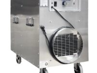 A stainless steel industrial air cleaner on wheels.